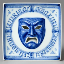 blue - and - white porcelain tablet with abraxas iconography and a flat image of an angry blue theatre mask ruth bernhard orpheus