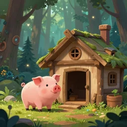 a cartoonish anthropomorphic pig is near a wooden hut in a mystical forest full of wonders, pine trees, magical atmosphere, trending on artstation, 30mm, by Noah Bradley trending on ArtStation, deviantart, high detail, stylized portrait