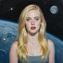 a striking hyper real painting of Elle Fanning in space by Sascha Schneider