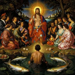 man sitting in a pond, kobe fish, ceremony, night, by ambrosius benson, by fernando botero, a touch of giuseppe arcimboldo, realistic, renaissance, epic composition, japanese ceremony, lush and warm