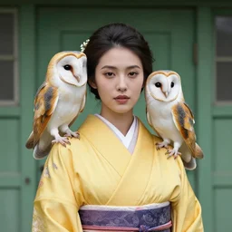 photo portrait of a ( ( ( ( beautiful woman ) ) ) ), wearing a yellow kimono!!, very detailed barn owl on her shoulder. in a old green house. elegant, highly detailed, symmetry, smooth, sharp focus, art by alesio abli and artgerm and rutkowski and theodore ralli