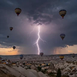 cappadocia, hot-air baloons in the sky, darkness weather and clouds, lightning , sunset