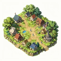 rpg isometric top view of a lovely anime medieval fantasy village!! game asset!! cory loftis, james gilleard, atey ghailan, makoto shinkai, goro fujita, studio ghibli, rim light, exquisite lighting, clear focus, very coherent, plain background, soft painting