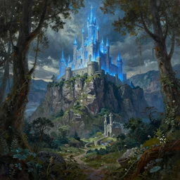 medieval fantasy artwork. woodland with cliffs in the background. on top of the cliffs is a radiant castle made of pure blue light!!! oil on canvas.