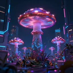 Alien with psychedelic mushroom, Dark Neon colored Cyberpunk cityscape, octane render trending on artstation HD