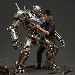 an intricate concept art of an asian man testing his mechanical technology invention, full body shot, hyper detail, artstation, cgsociety, photo - realistic, style of ivan talavera and artgerm, octane render