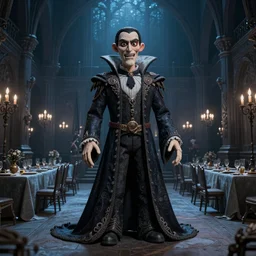 photo taken of an epic intricate, ultra detailed, super realistic stop motion puppet of a majestic gracious regal aristocratic vampires in an indoor banquet hall filmset created by weta workshop and tim burton, menacing, wide angle, moody full body shot, photorealistic, sharp focus, gloomy, extremely cold blueish colour temperature, 3 5 mm, f 1. 4