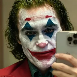 film still of the joker taking a selfie in the new batman movie, 4 k, highly detailed face, detailed eyes
