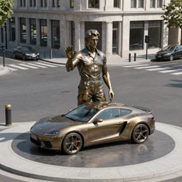 photorealistic rendering of a bronze sculpture in a roundabout