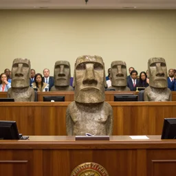 4 k photograph of a moai statue sitting behind a courtroom desk testifying in court | a crowd of people sitting behind it