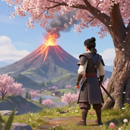 A warrior standing near a cherry blossom tree, he is looking at a volcanic mountain that is erupting, 3d render, digital art