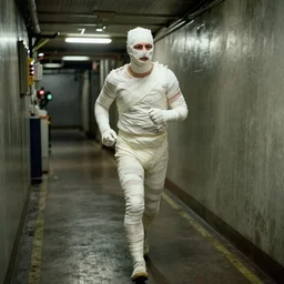 a man fully covered in bandages, running through maintenance tunnel, film still, Panavision PSR-200 35mm