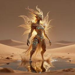 creature in a desert, water reflection, backlit, warm tones, bioluminescent : : by michal karcz, daniel merriam, victo ngai and guillermo del toro : : ornate, dynamic, particulate, intricate, elegant, highly detailed, centered, artstation, smooth, sharp focus, octane render, 3 d