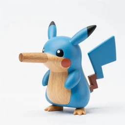 una foto de producto de estudio ampliada de un umbreon de pokemon de resina y madera de cerezo tallada redondeada de perfil, como una fotografia de catalogo, donde distintas secciones de la talla son de resina azul, pero es principalmente madera, con una nariz de madera corta, minimalista y sin rasgos distintivos sin fosas nasales y un trasero redondo y minimalista