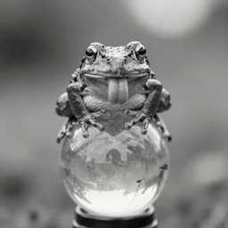 A big frog sticking its tongue out towards the camera. It sits on top of a backlit glass sphere. Monochrome, 24mm tilt-shift. Award-winning photo.