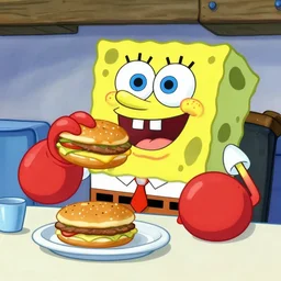 mr krabs from the cartoon spongebob squarepants!!!! eating a krabby patty
