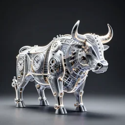 a clockwork mechanical bull, neon lighting, duotone, ultra high detail
