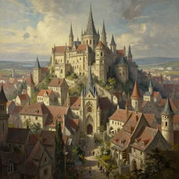 A beautiful painting of a medieval city, cinematic composition, concept art, matte painting, Marc Simonetti, Sergey Vasnev, Anato Finnstark, artstation, 8k, high resolution