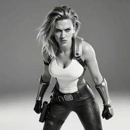 angry scarlett johansson as a overwatch character, dramatic lighting hyper detail, black and white, wide angle lens