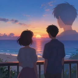 close - up of two people standing on a balcony overlooking a beach at sunset, highly detailed, magical, digital painting, concept art, matte, art by ruan jia and wlop and greg rutkowski and makoto shinkai, masterpiece