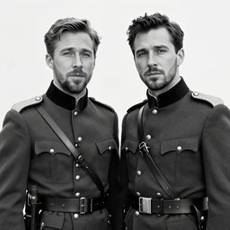a combination of ryan gosling and patrick bateman as a french general during ww 1, black and white photography