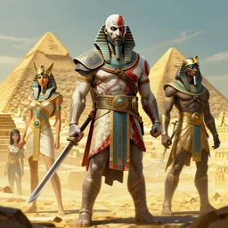 kratos the god of war as an egyptian warrior, pharaoh, egypt, pyramids, by alex gray and android jones, karol bak, ayami kojima, amano, moebius, concept art, character design, fantasy, 3 d, 8 k resolution