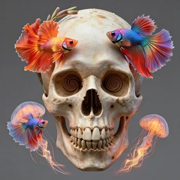 3 d close - up swirly human skull portrait!!! giant gladiola betta fish!! jellyfish phoenix fire energy flow, highly detailed. by wlop, tooth wu, greg rutkowski, alena aenami, beeple