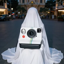 1 9 9 5, disposable polaroid camera, flash at night, pov, saigon street square, female : creature, ghost draped in white dress