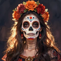 illustration of a sugar skull day of the dead girl, art by larry carroll