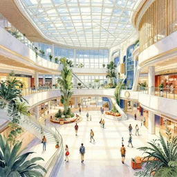 a hiper intricate watercolor of a beatifull modern indoor plaza, extremely detailed, sharp focus, wide view, detailed rought paper, digital illustration, colorfull, by william turner art, by greg rutowski, by carl larson, by edmund dulac