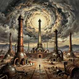 surreal industrial landscape, surrealism, michael hutter. swirly sky, esao andrews, victor enrich, dali
