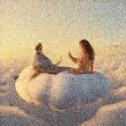 a man and a woman floating on a cloud having a drink of Champaign high in the sky above Sint-Marteen and , naive artstation, matte painting, goldenhour, unreal engine