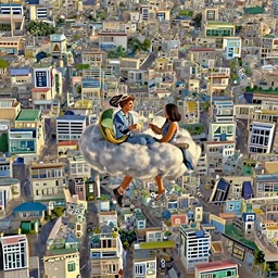 a man and a woman floating on a cloud having a drink of Champaign high in the sky above Sint-Marteen and , naive artstation, matte painting, goldenhour, unreal engine