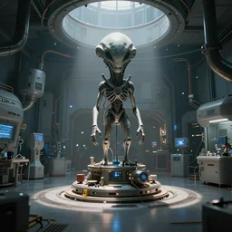 interior photo of alien laboratory with strange device at the center of a room