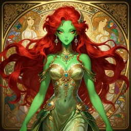 symmetry!!!!!! beautiful green skin alien anime summer princess close portrait, wearing ornate clothing,'red hair ', ultra detailed, elegant, intricate, anime, dynamic lighting, dnd, digital art, digital painting, artstation, wlop, sharp focus, illustration, art by artgerm and greg rutkowski and alphonse mucha, 8 k