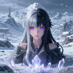 beautiful Himalayan sci-fi princess with purple eyes, silver and black hair split, glowing crystals on the ground, somber, scene of a blizzard on the mountain overlooking a futuristic village, 8k hdr pixiv dslr photo by Makoto Shinkai and Wojtek Fus, 3d realisitc anime, final fantasy 14 style