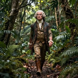 george washington cave man, piercing eyes, walking towards camera in the jungle, wildlife camera