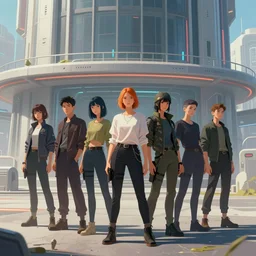 a group of people standing in front of a building, cyberpunk art by stephan martiniere, cgsociety, retrofuturism, dystopian art, matte painting, artstation hq