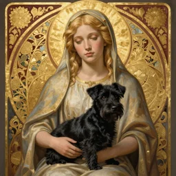 blonde madonna with a black scotch terrier on her lap. bordeaux with a gold filigree background. art nouveau. masterful, detailed drawing