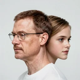 a human with two heads, one head is walter white and second head is emma watson,