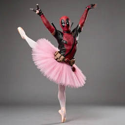Deadpool wearing a pink tutu doing a ballerina pose, holding his bloody katana, smiling at the viewer
