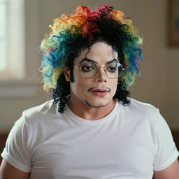 soft light, very realistic film still of michael jackson as obese rainbow haired nerd, medium shot close up