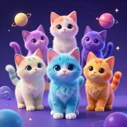 kittens in outer space, hypercolor, very colorful, HQ, 4k