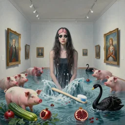 painting of a flooded art gallery and a tall emo girl with black eyeshadow, a brain, art gallery interior, pigs, courgette, waterfall, pomegranates, octopus, toothbrush, zen, black swans, berries, surrealist, by magritte and monet