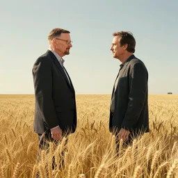 extreme long shot of walter white and gustavo fring stand facing each other from a distance in a wheat field, low angle, side view, 3 5 mm photograph, 8 k resolution, wide shot, sharp lens