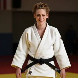 Kristen Stewart as judo black belt, smiling