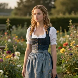 gillian jacobs staring ahead, wearing a tight folklore dirndl in a flower garden, golden hour, artstation, by j. c. leyendecker and peter paul rubens,