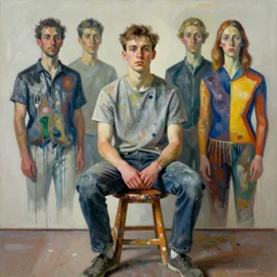 portrait of a young painter with creative block sitting on a stool painted by vincent lefevre and hernan bas and pat steir and hilma af klint and danny fox, psychological, photorealistic, symmetrical face, dripping paint, washy brush, rendered in octane, altermodern, masterpiece