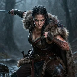 lagharta viking warrior woman beautiful, fighting pose, fur, scarred, wet, raining, close up, rim lighting, portrait, sinister atmospheric full body portrait hyper detailed symmetrical 8 k lighting. highly detailed painting by greg rutkowski, anime style