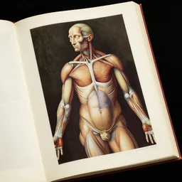 an open page of the voynich manuscript, depicting a digital painting of human anatomy by da vinci, extremely detailed, professional, epic highlights, full colors